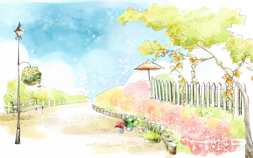 唯美清新插画微信高清图片 乡间小路