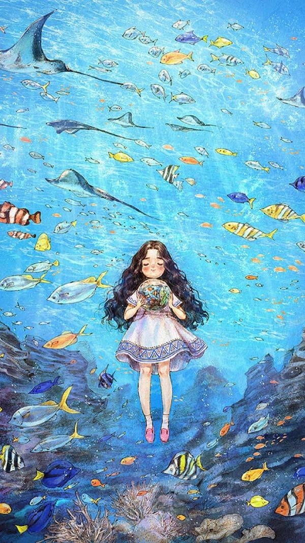 手绘文艺范女生手机壁纸