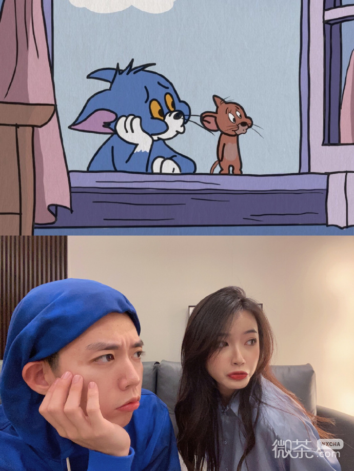 情侣模仿猫和老鼠拍照姿势微信素材图片